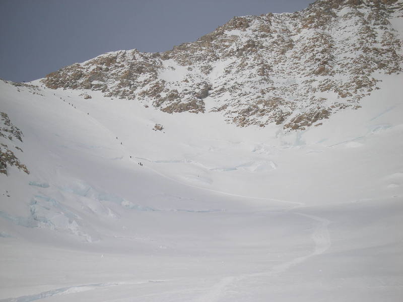 The climb from the 14,000 foot camp, up the fixed lines and onto the West Buttress itself.  The Rescue Gully and the Messner Couloir are just out of the photo on the right.  This part of the route is the limit of my first hand knowledge (and photos) of the West Buttress, as I've climbed the Upper West Rib from this point.