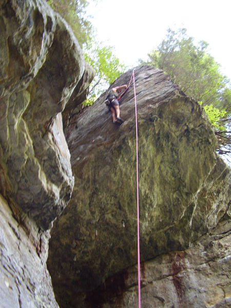 Top roping a scary, airy 5.12 line on the Bat Cave roof buttress.