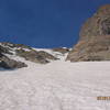 Near the base of the main couloir, when the slope increases dramatically.