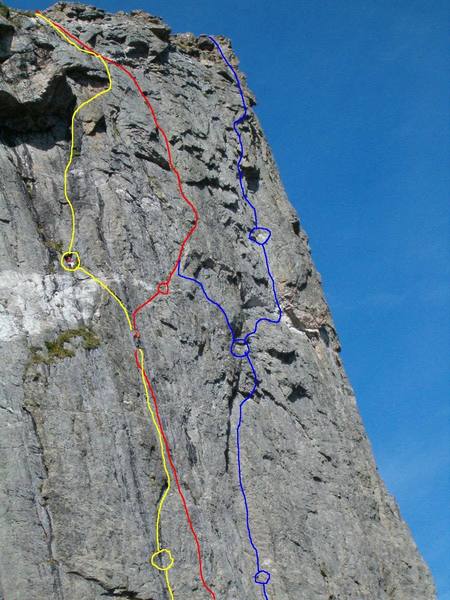 Craig Blankenship's photo with route lines drawn in: Love Route (yellow), Better than Love (red), Englishman's Route (blue, two finishes shown).  Note that I have not done the upper part of the Love route so this may not be exact (the two climbers in the photo are on the Love route, however).  The other lines I have done.