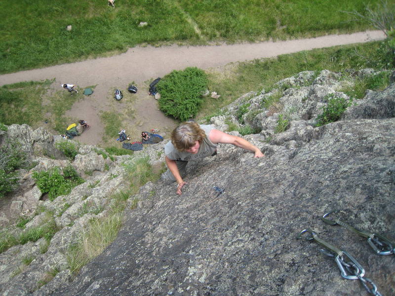 My mom on lead (and approaching the crux) of Garden Wall route, Las Conchas, NM. 