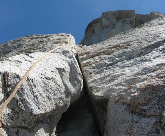 Looking up at pitch 2 from pitch 1 belay.