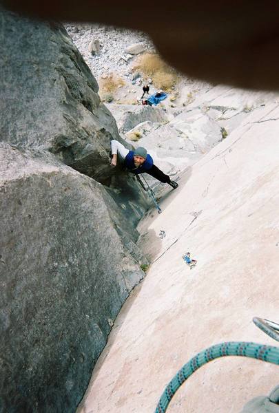 Jon Howland on the well-traveled Quail Trail; Kevin Friedrich belaying below; Dave Goldstein with the camera.  Feb. '07.