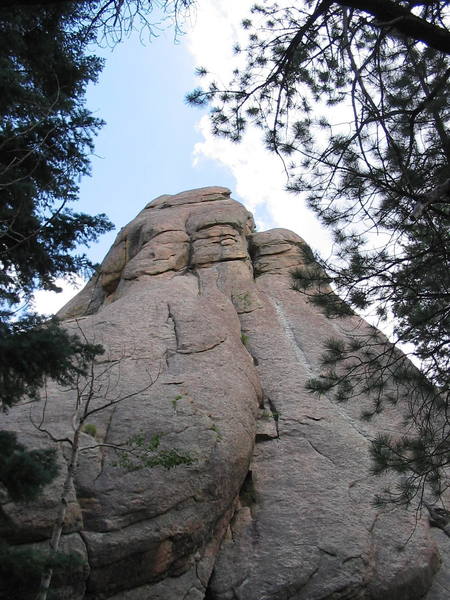 The west face of South Rock.  Yikes Dikes (5.8) goes straight up and over the left side of the bisected buttress.  The start of the climb is out of frame to the left.