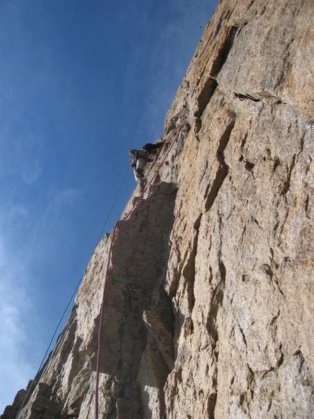 Bernier starting the traverse into the Obelisk corner.