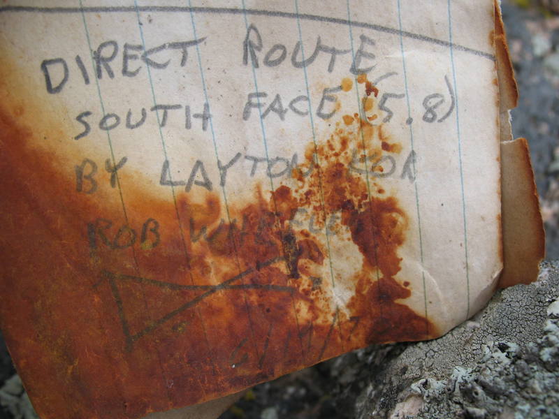 A close up look at Layton Kor's summit register entry for Anne's Rock (aka Jug Dome). His route, the "Direct South Face" (5.8), done with Rob Wheeler in 1970, remains enigmatic today. Currently a relatively new sport climbing area, the rock boasts few protectable features other than a couple of grooves and a discontinuous flared chimney/dihedral or two. 