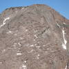 The summit of Longs showing both the Homestretch and Kiener's Route, as seen from the east summit of Meeker, 6/23/07. Climbers can be seen on top.