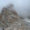 The Teepe Pillar in the clouds.  East side of the Grand Teton.