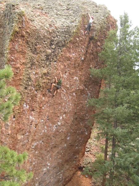 A rainy day at El Rito means a busy day on the Rad Wall where it stays dry. Me on "Stroke Me" and Allison on "Crack Attack."