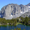 Temple Crag from above the translucent Fourth Lake. Mt Sill stands guard in the background.