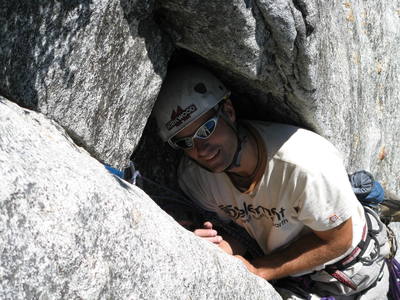 After waiting in the sun for quite some time due to several parties clogged higher on the route, a little shade is a welcome relief 