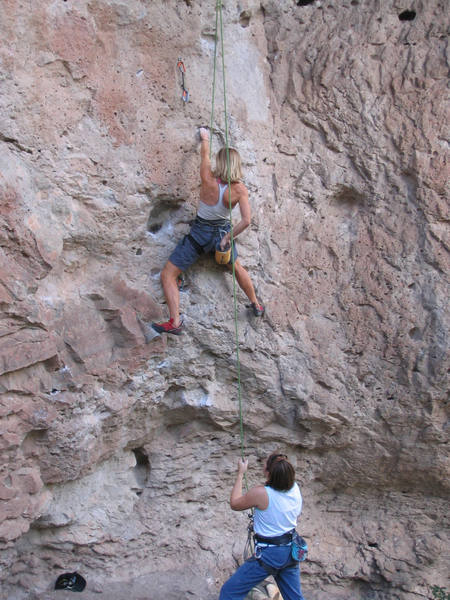 Petra toproping Fredde Prince, Jr. (10b) on the Frog Prince.