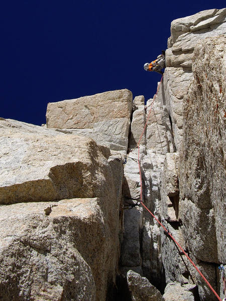 Keeler Needle. Harding Route. Pitch 3. Just above the 10b. Photo by Patrick Price.