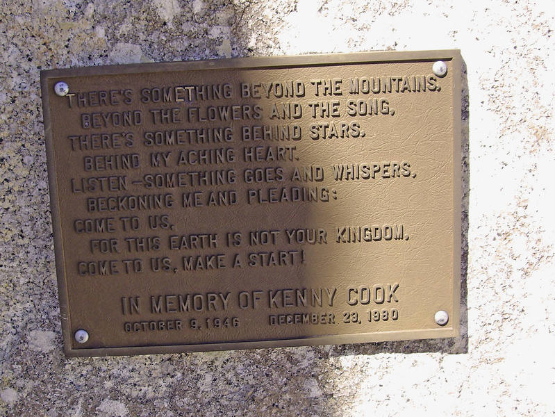 Plaque in memory of Kenny Cook placed near the summit, at the end of the Harding Route. Does anyone know who he was and what happened?