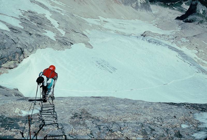 Ascending Via Ferrata installed on Marmolata (7/90).<br>
<br>
Photo by Paul Huebner