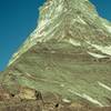 Approaching the Matterhorn's Hornli Ridge on the way to the Hornli Hutte. The hut can be seen on left side of the picture on the lower section of the ridge (7/90).