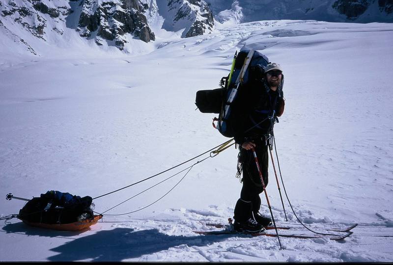 Hugh Gaasch all loaded up and ready to go (AMS Mountain Guide Course 5/00).<br>
<br>
Photo by Paul Huebner