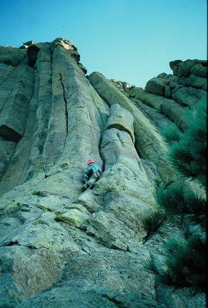 Leading up the Leaning Column of the Durrance on Devil's Tower, which was my first multi-pitch lead climb (5/89).