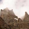 The two rock buttresses of Shoshoni Peak (June 2007). The Dieckhoff-Lowe Route (5.10+) and an unknown 5.9 ascend the left skyline of the left buttress. A new route, Mass Wasting, follows the obvious steep corner system to the top of the right buttress.