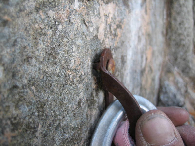 This is the best protection you'll get on this route...just kidding!  Actually, this ancient bolt is found on the belay a couple of pitches up.