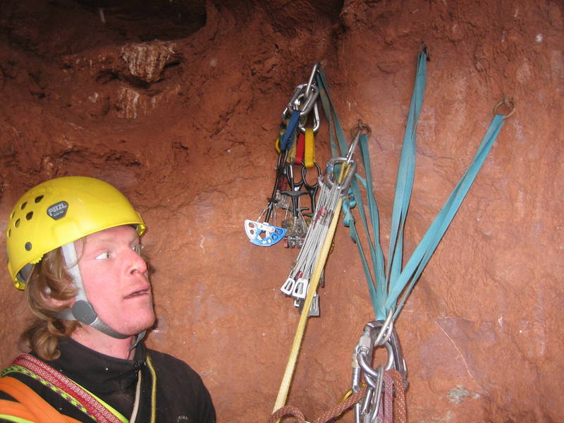 Raw terror is expressed at the shaky belay by Aaron Shileikas.  Some of the pieces flex...and the whole shebang is held together by one sling.  Skeetchy...