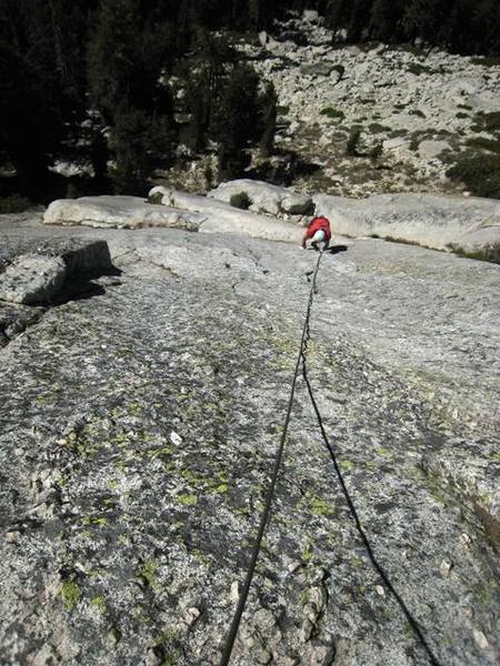 Second pitch of Euphoria.  Note the runout (not huge but don't fall).  Cam placements near bottom of face in small pods in seams.