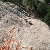 Nearing the belay on the upper section of Dick Van Dike, Jug Dome.