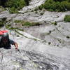 Chris Greyell nearing the top of Pitch 7 (5.9)