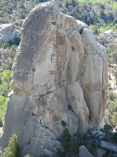 Climber on Skyline, Photo taken from the summit of Batwings, on Parking Lot Rock.