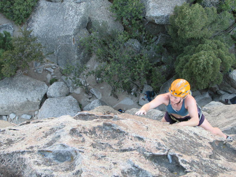 A.M. nearing the top of Fall Line on Morning Glory Spire.  City of Rocks.