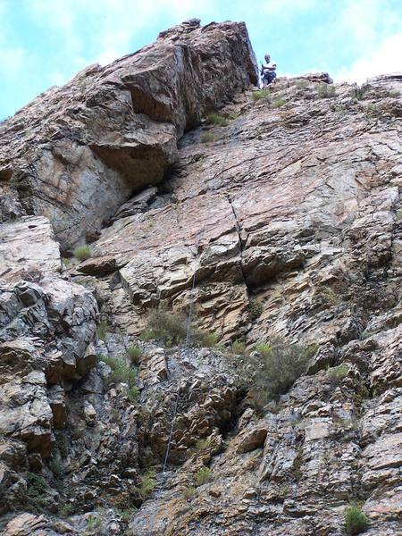 From the anchors on MEGA, you can see that there are rappel anchors for a second pitch of Worthy Whoopsie.  After climbing the first pitch a few times, it is beginning to grow on me, but the second pitch is not "worthy", so it must be the "whoops" of the route.  It was super easy climbing over bad choss.  For choss mining adventurers, you'll love it!  Bring a selection of nuts and big cams.