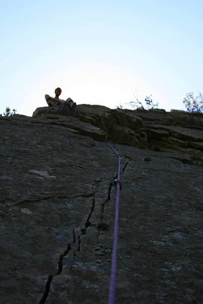 Looking up the finger-crack crux of Gnome Fingers.