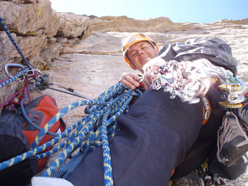 The comfy yet tight belay stance for the fourth pitch.