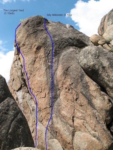The Longest Yard (5.10a) on the left and Silly Millimeter (5.10b) on the right.