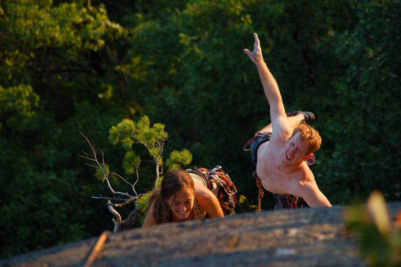 Sam and Kristin Todzia having fun simul climbing this classic exposed line.