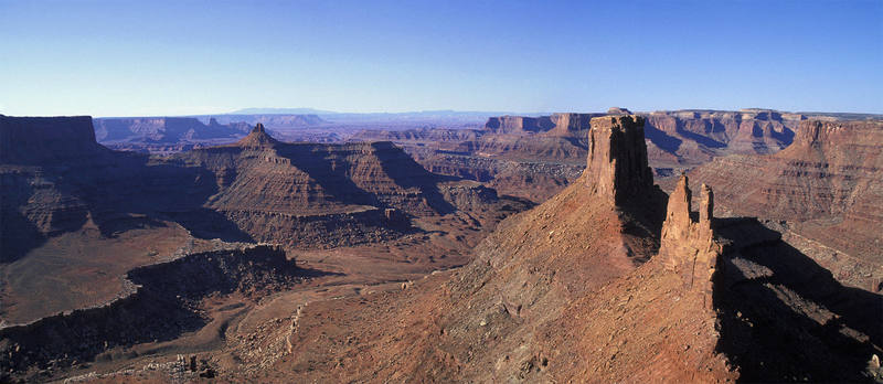 Looking down Shafer Canyon at Bird's View Butte and the Crow's Head Spires.