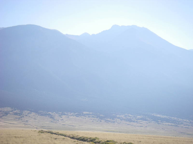 LB (on the right) and Blanca across the ridge in morning silhouette