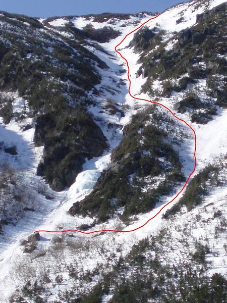 Our approximate route up Great Gully, bypassing the ice bulge. Note the solo climber about 2/3 of the way up the route for scale.