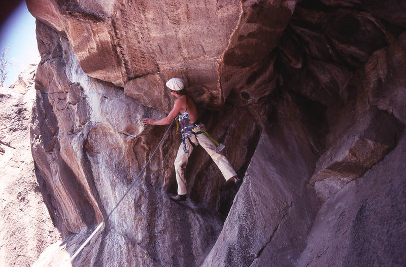 Steve Grossman cruises out from under the initial roof on the second free ascent of the Twilight Zone, mid 1970's.