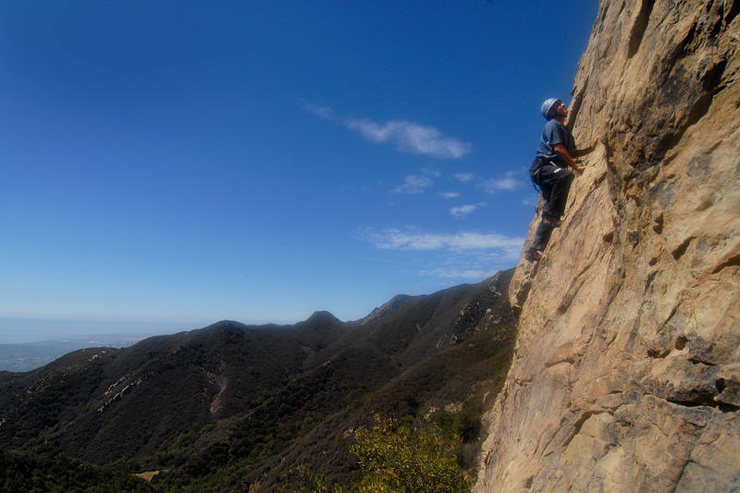 Beautiful views and BIG exposure--Mike Toft climbs Gibraltar Rock.