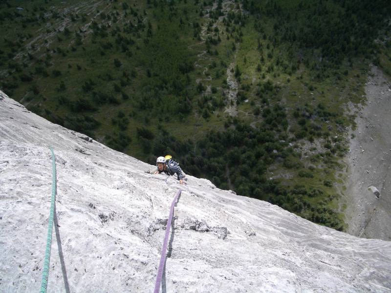 Dave at the slabby crux of the 7th pitch 