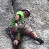 Mark de la Garza floating up the terrifying line of Holdless Horror (5.6) on Dozier Dome in Tuolumne Meadows. 8/07