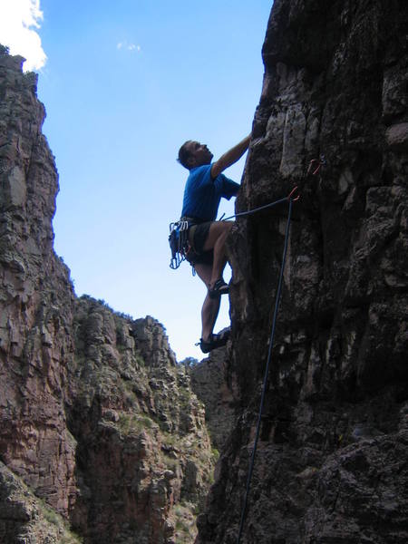 High on Roadside Distraction, where the boltline tries to force the route to the right.  The natural line is on the left, where the climber is.