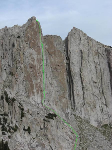 Showing the approach and all four pitches. Pitches one and four are hidden behind the rock as shown by the dotted lines.