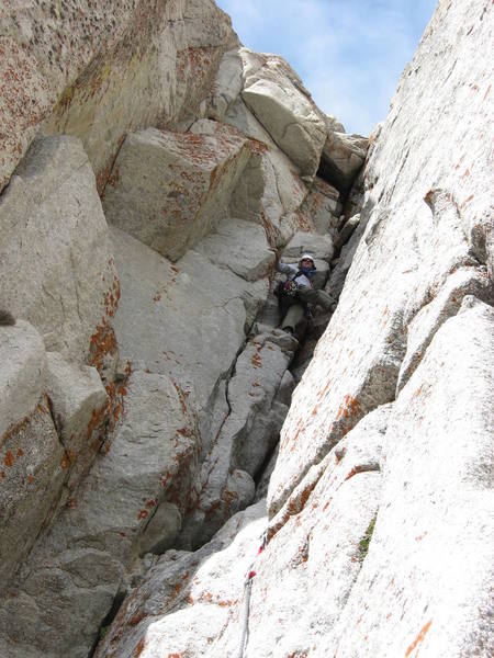 Almost to the crux of the fourth pitch. Fifteen feet above you see a small roof that you transition out right around.