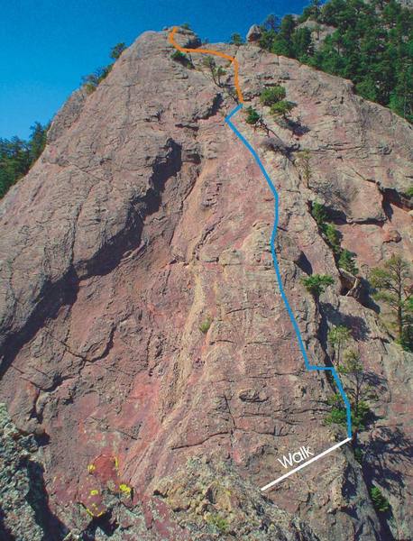 Our pitches 4 & 5 on the west slab with a 70 m rope.  We walked from the rap point to the big tree to start the pitch.