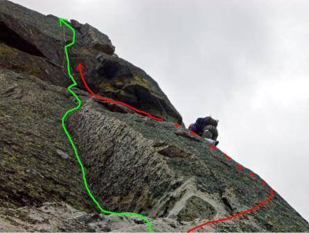 Pitch #3 (I led) was run out.  We followed the group ahead of us who didn't like the dihedral/left-facing-crack for whatever reason (green line).  So, I went around to the right (red line) and was faced with steep slab (5.7) and ended up ~35' above my last gear placement below a shitty roof.  Finally got a #1 DMM Wallnut placed, so that I wouldn't plummet off that steep lichen covered slab.  Fun.