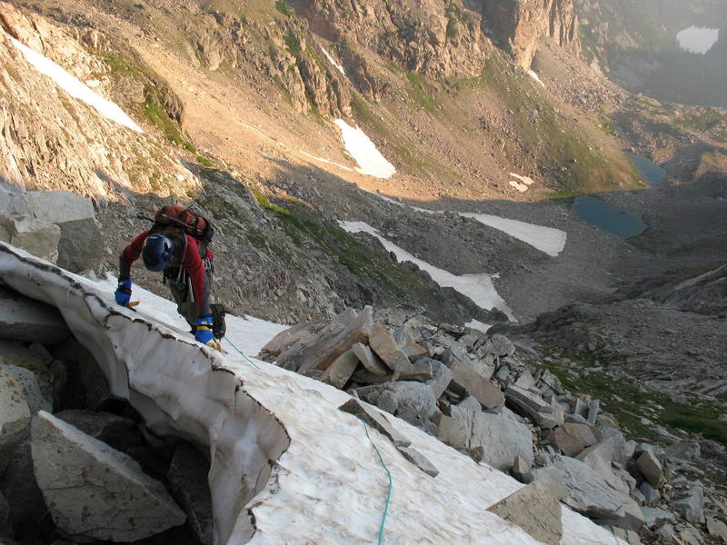 Nancy Bell near the top of East Couloir, 8-1-2007.