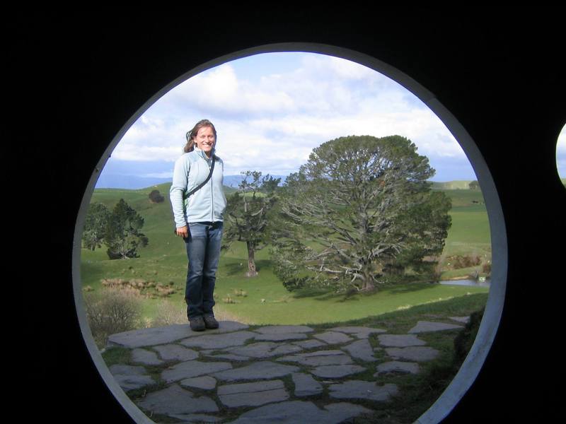 Natalie, as see from Bilbo's front door on the set of Hobbiton in Matamata, NZ.