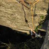 Natalie following me up Sayonara (5.8), a beautiful straight-in hand and finger crack at Whanganui Bay.